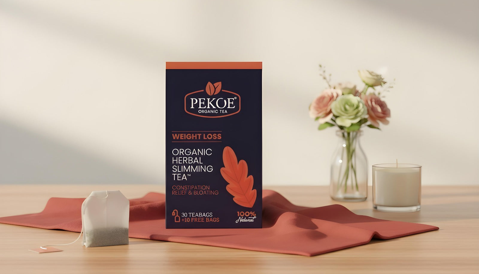 Pekoe Tea box with candle and chamomile flatlay